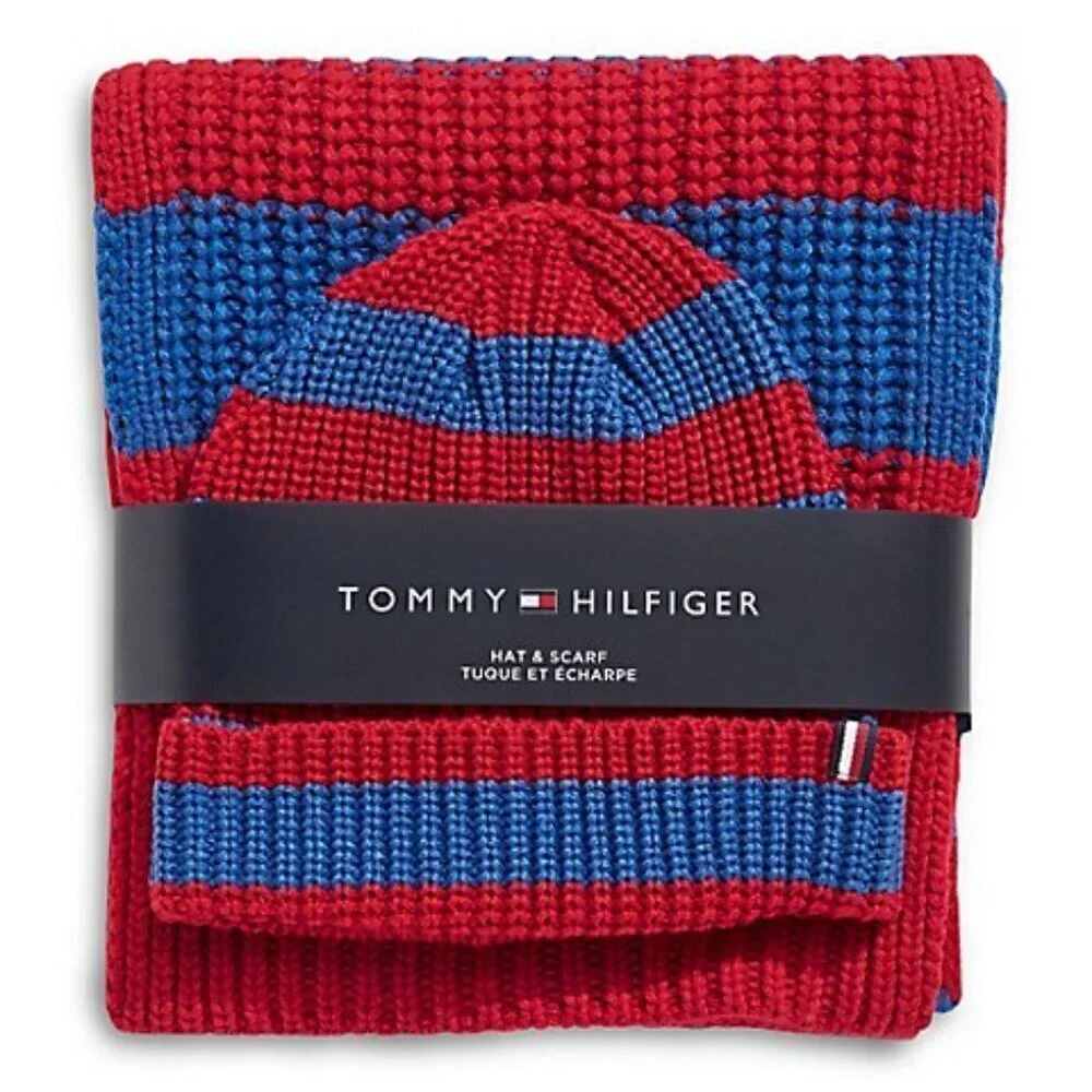 Tommy Hilfiger Scarf Beanie Hat Set Red Rugby Stripe Knit Unisex Toque Roll Up